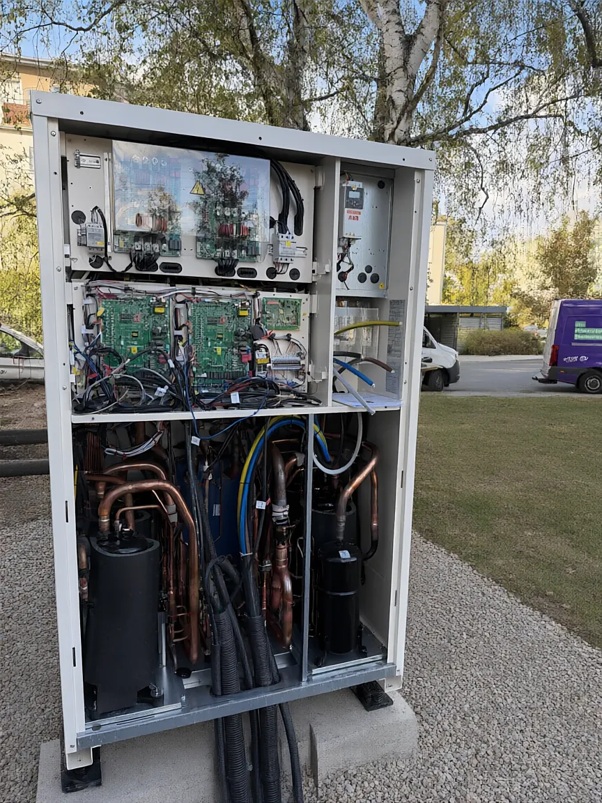 Geöffnete Großwärmepumpe mit Verdichtern und Steuerung