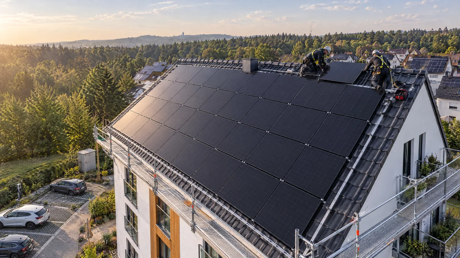 Mehrfamilienhaus mit schwarzen Photovoltaikmodulen auf dem Dach, Monteure bei der Montage