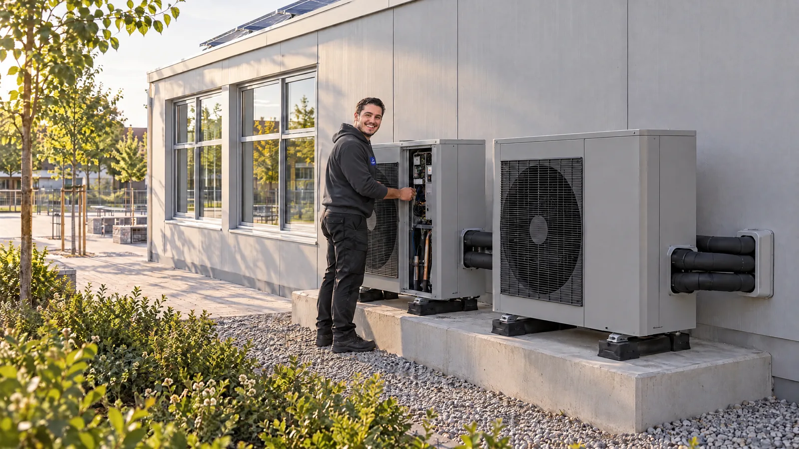 LEGER-Monteur an zwei Luft-Wasser-Wärmepumpen neben einer Schulturnhalle, auf dem Dach Photovoltaik