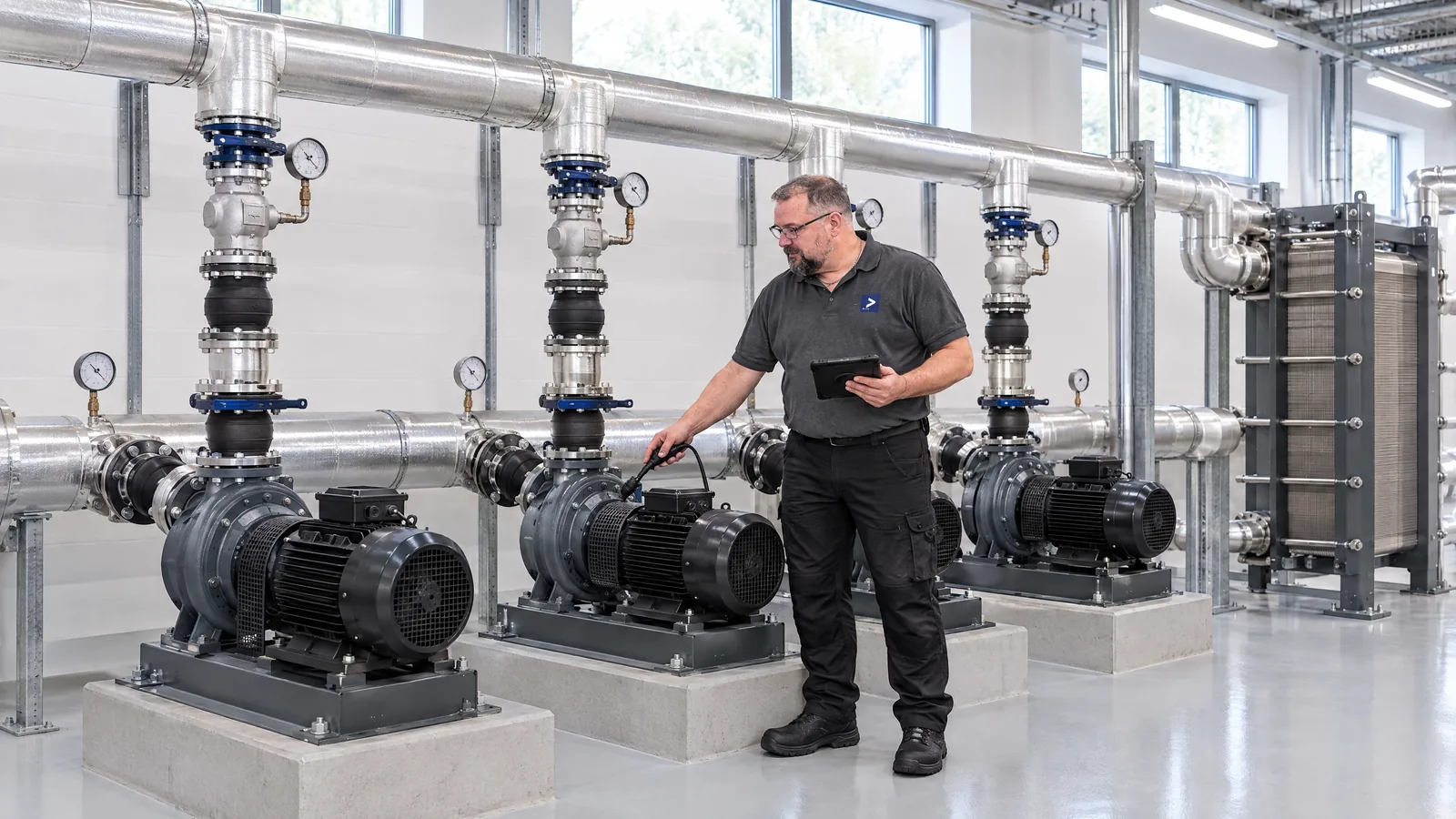 Technikzentrale mit drei Normpumpen, Kompensatoren, Rückschlagventilen und Plattenwärmetauscher; ein LEGER-Servicetechniker misst die Schwingung an der mittleren Pumpe