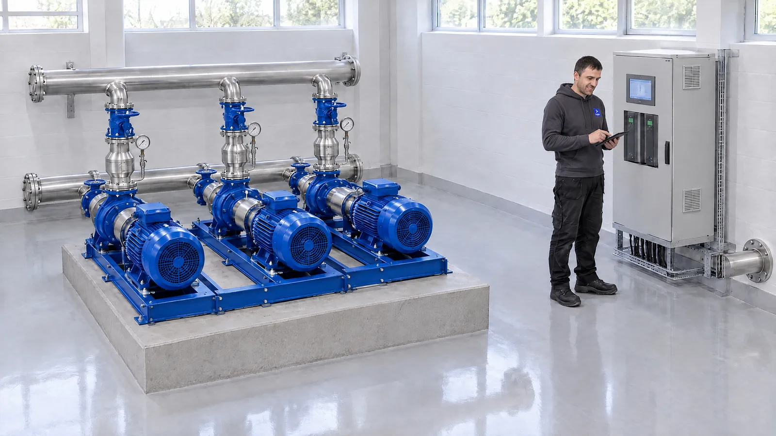 Pumpenhalle eines Wasserwerks: drei waagerechte Netzpumpen mit Saug- und Druckleitung, Schaltschrank mit Frequenzumrichtern, ein LEGER-Techniker mit Tablet