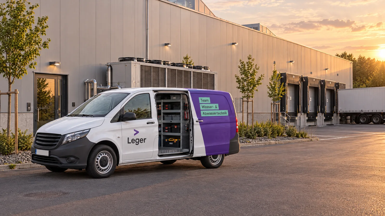 LEGER-Servicewagen mit geöffneter Schiebetür und Werkzeugregal an der Rückseite einer Industriehalle