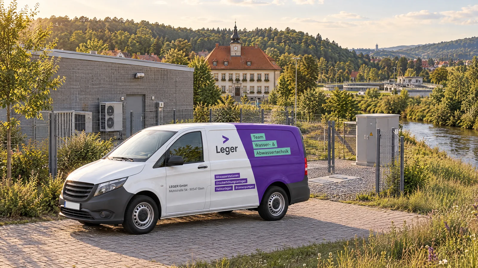 LEGER-Servicewagen vor einem Abwasserpumpwerk