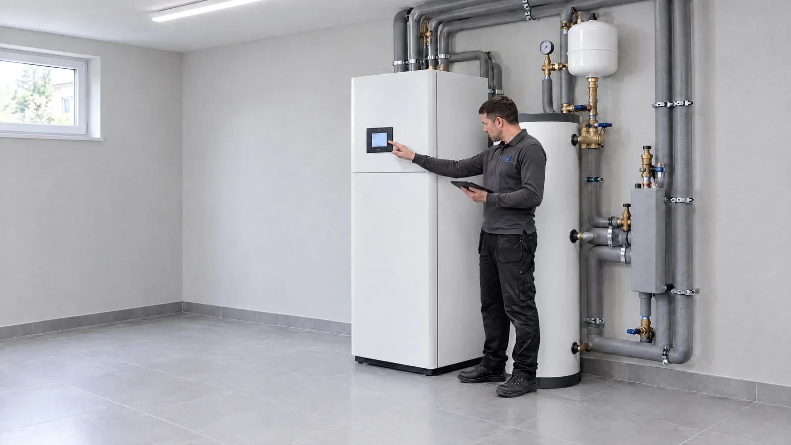 LEGER-Techniker nimmt die Inneneinheit einer Wärmepumpe mit Trinkwasserspeicher im Technikraum in Betrieb