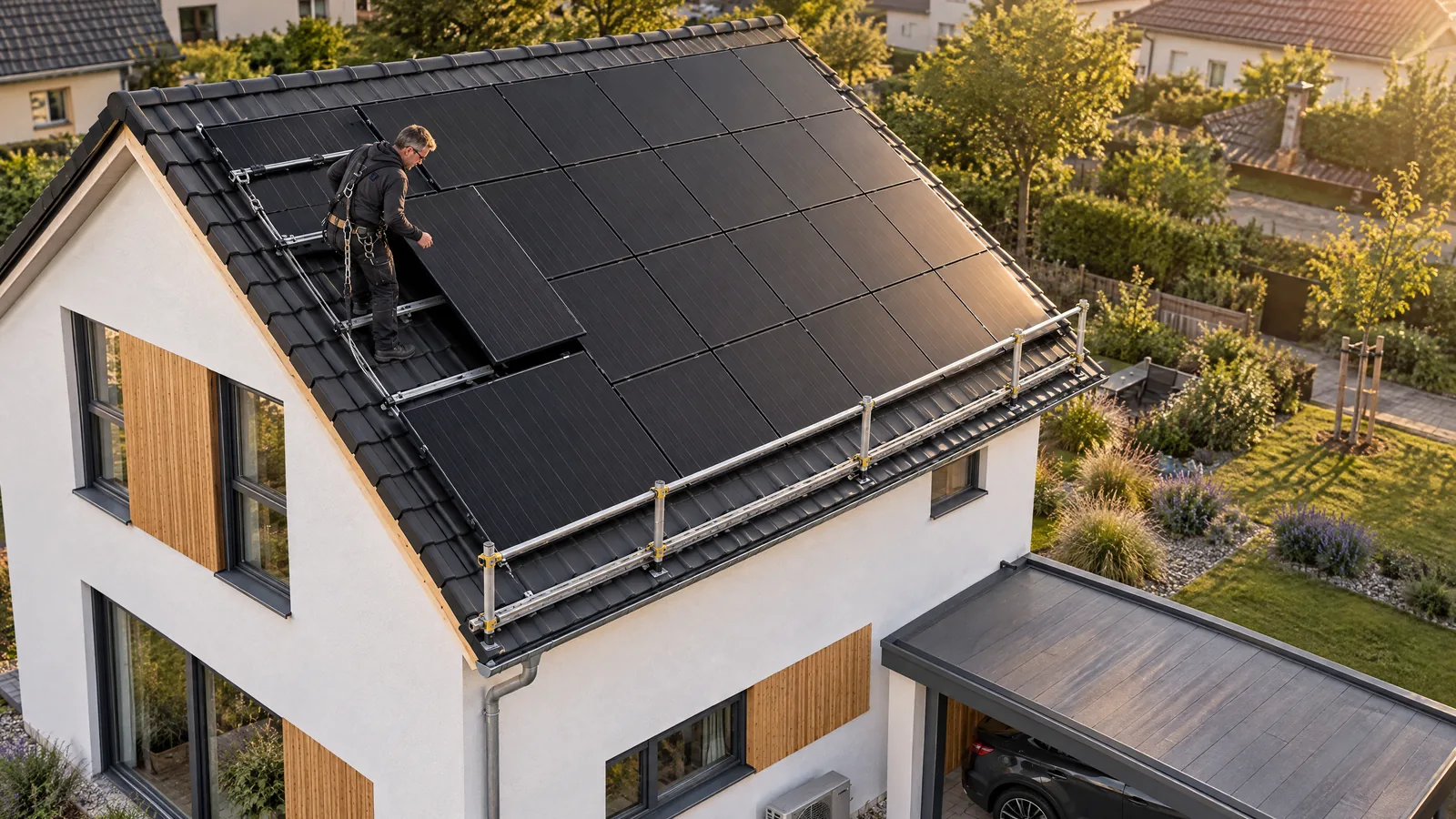 LEGER-Monteur setzt das letzte schwarze Solarmodul auf das Dach eines Einfamilienhauses