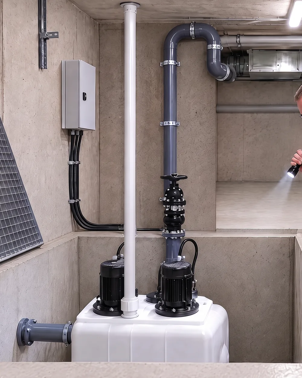 Abwasser-Hebeanlage im Pumpensumpf mit Gitterrost und Druckleitung, ein LEGER-Techniker prüft den Sumpf