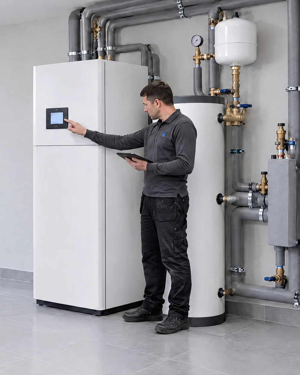 LEGER-Techniker nimmt die Inneneinheit einer Wärmepumpe mit Trinkwasserspeicher im Technikraum in Betrieb