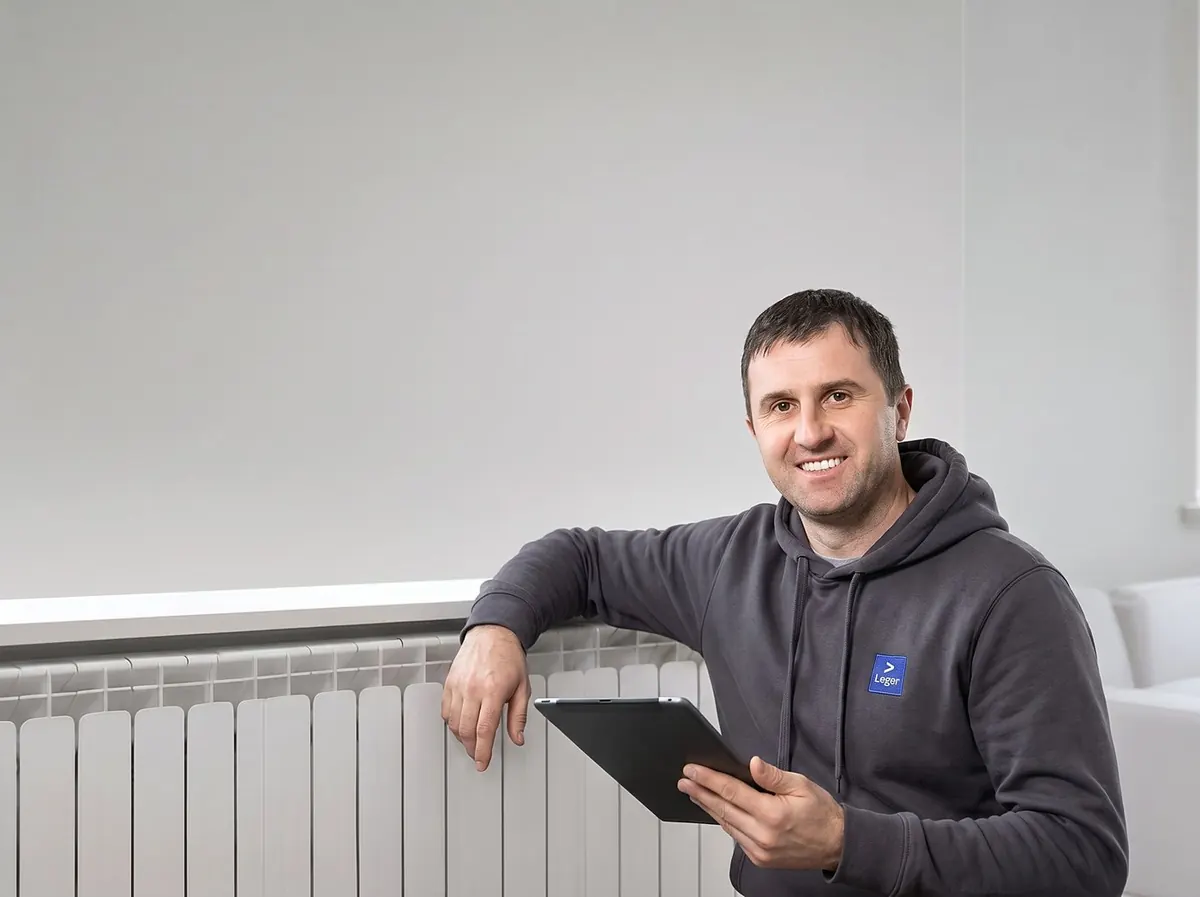 Projektleiter Eugen Kravchenko am Heizkörper mit Tablet