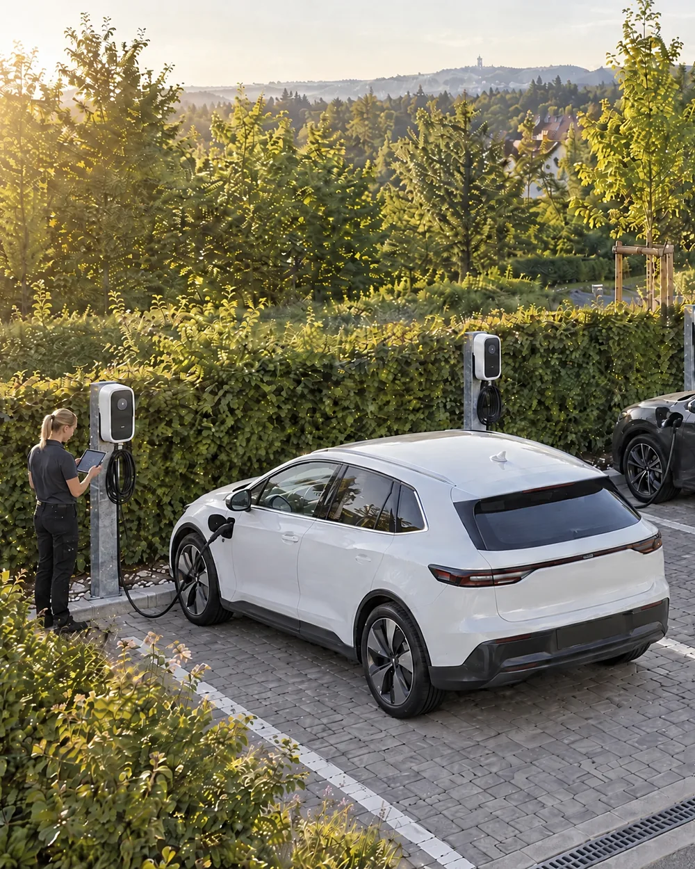 Mieterparkplatz mit Schnellladesäule und Wallboxen, eine LEGER-Mitarbeiterin schließt ein Elektroauto an