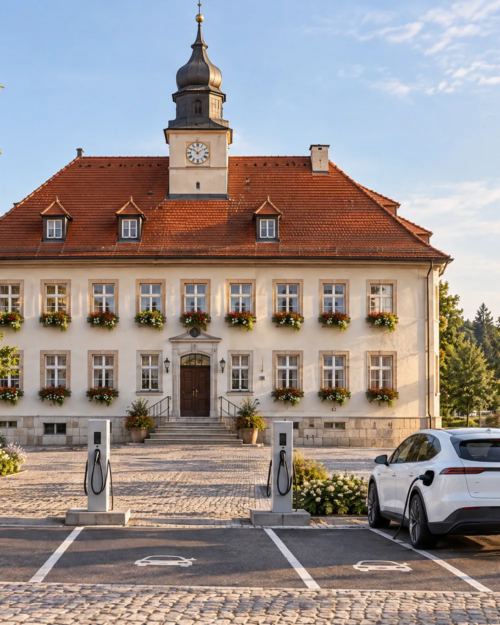 Ladesäulen auf dem Platz vor einem Rathaus, ein Elektroauto lädt