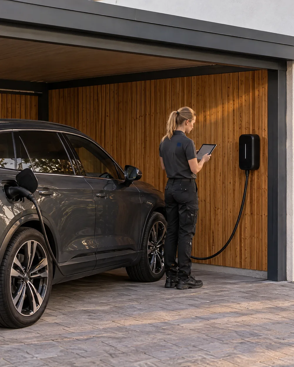 LEGER-Mitarbeiterin an der Wallbox im Carport, ein Elektroauto lädt
