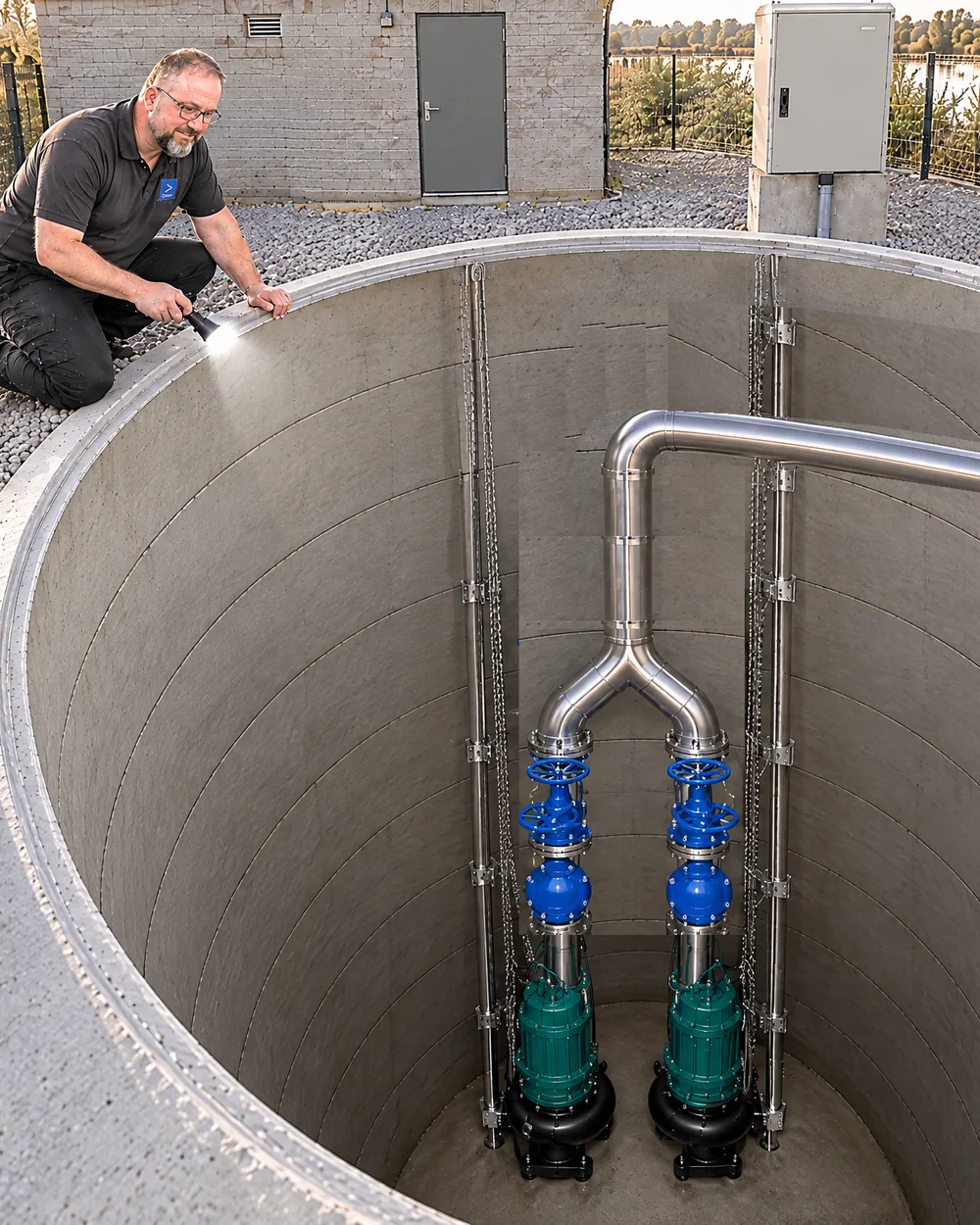 Geöffneter Schacht eines Abwasserpumpwerks mit zwei Tauchmotorpumpen, ein LEGER-Monteur leuchtet hinein