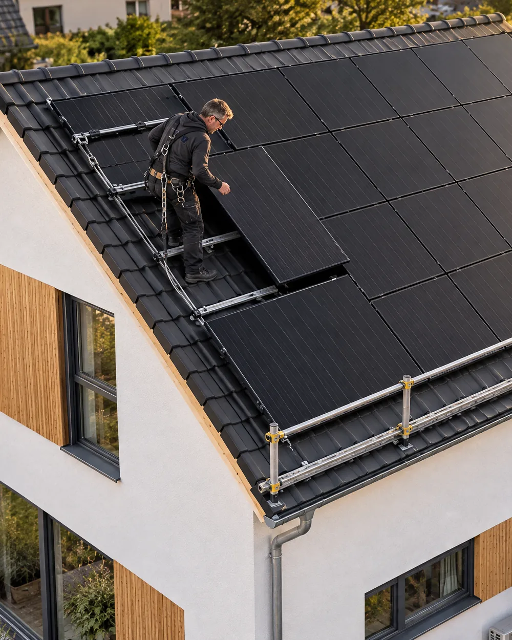Photovoltaikanlage auf einem Einfamilienhaus mit Absturzsicherung während der Montage