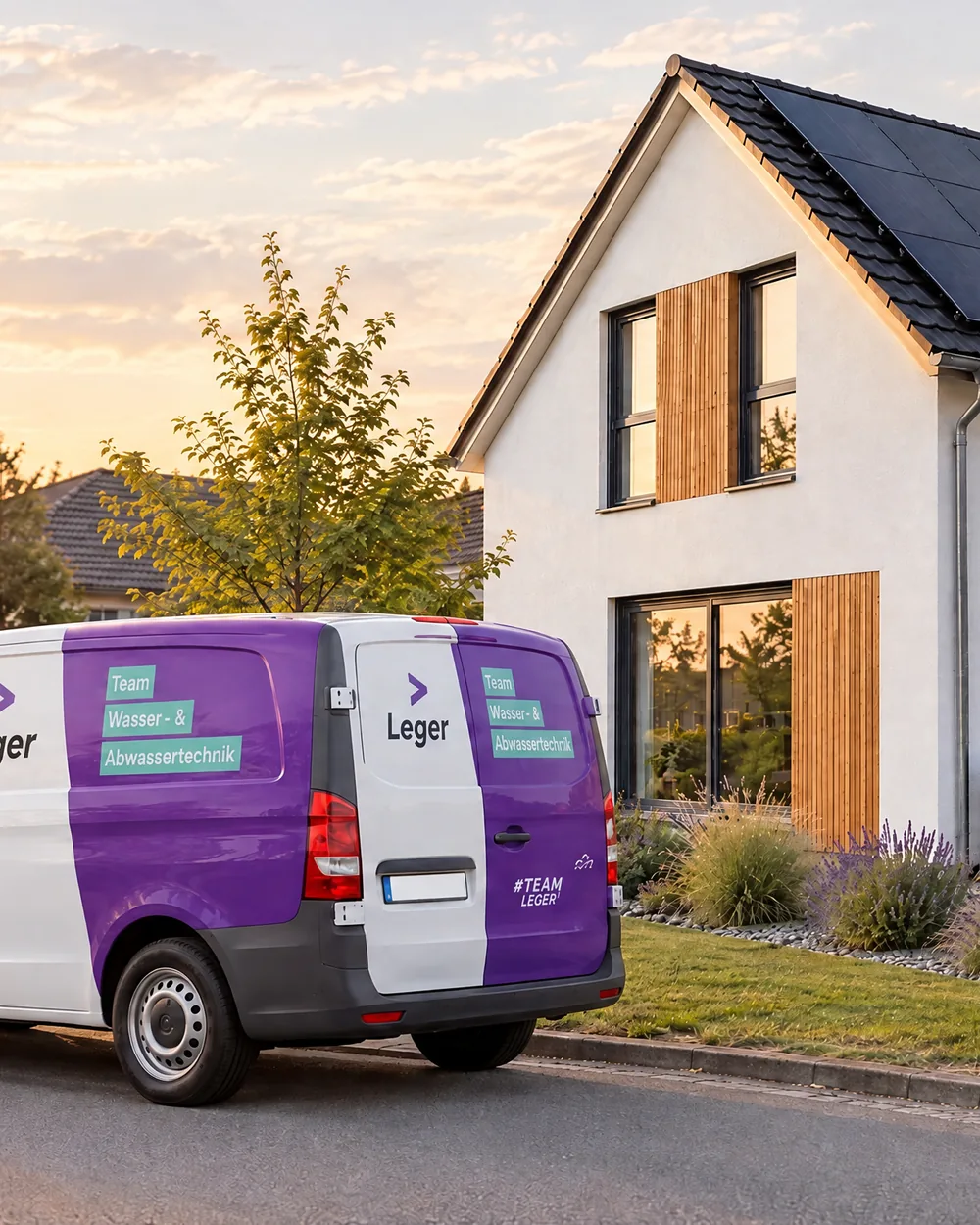 LEGER-Servicewagen vor einem Einfamilienhaus mit Photovoltaik im Abendlicht