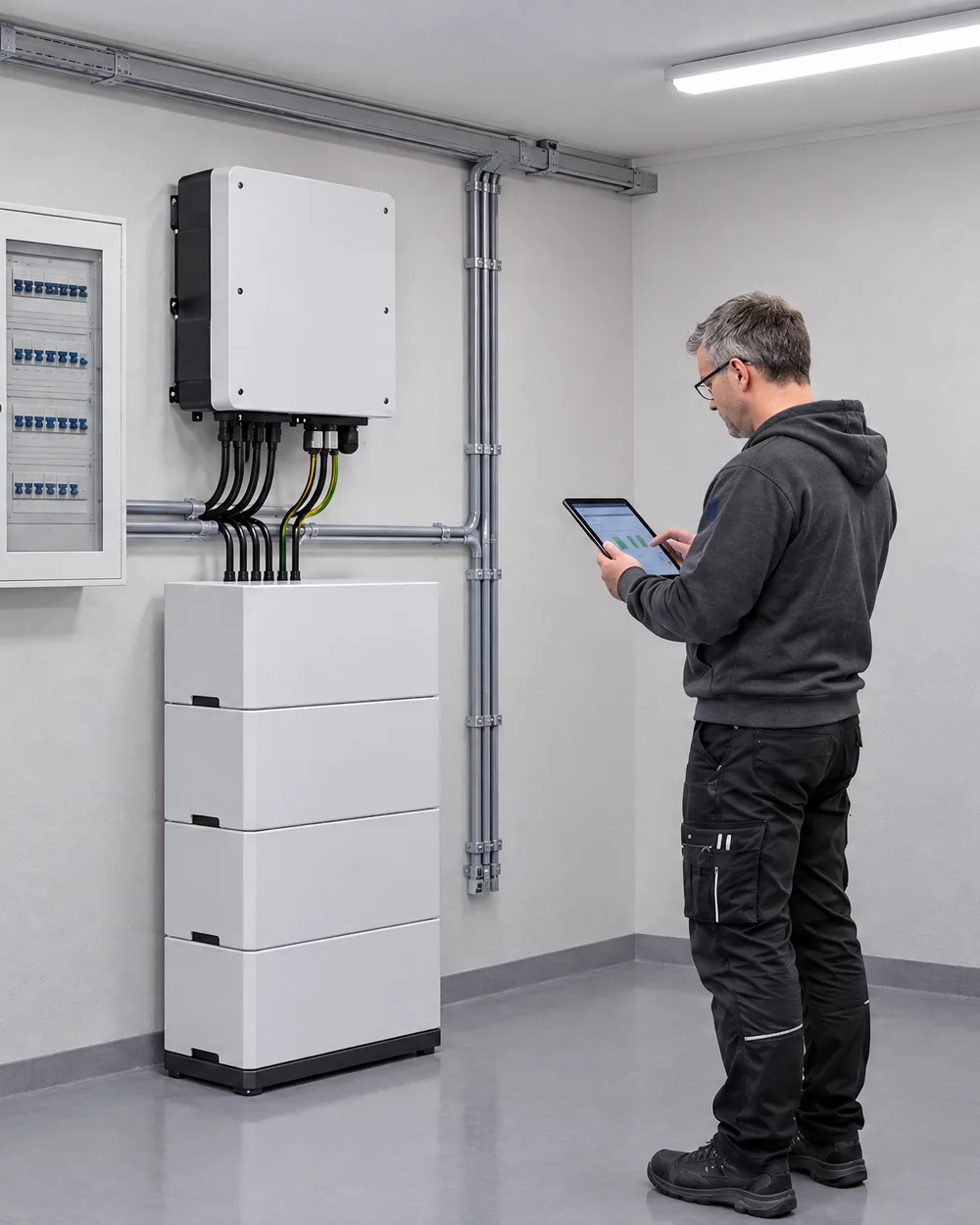 LEGER-Techniker prüft Wechselrichter und Batteriespeicher im Hauswirtschaftsraum