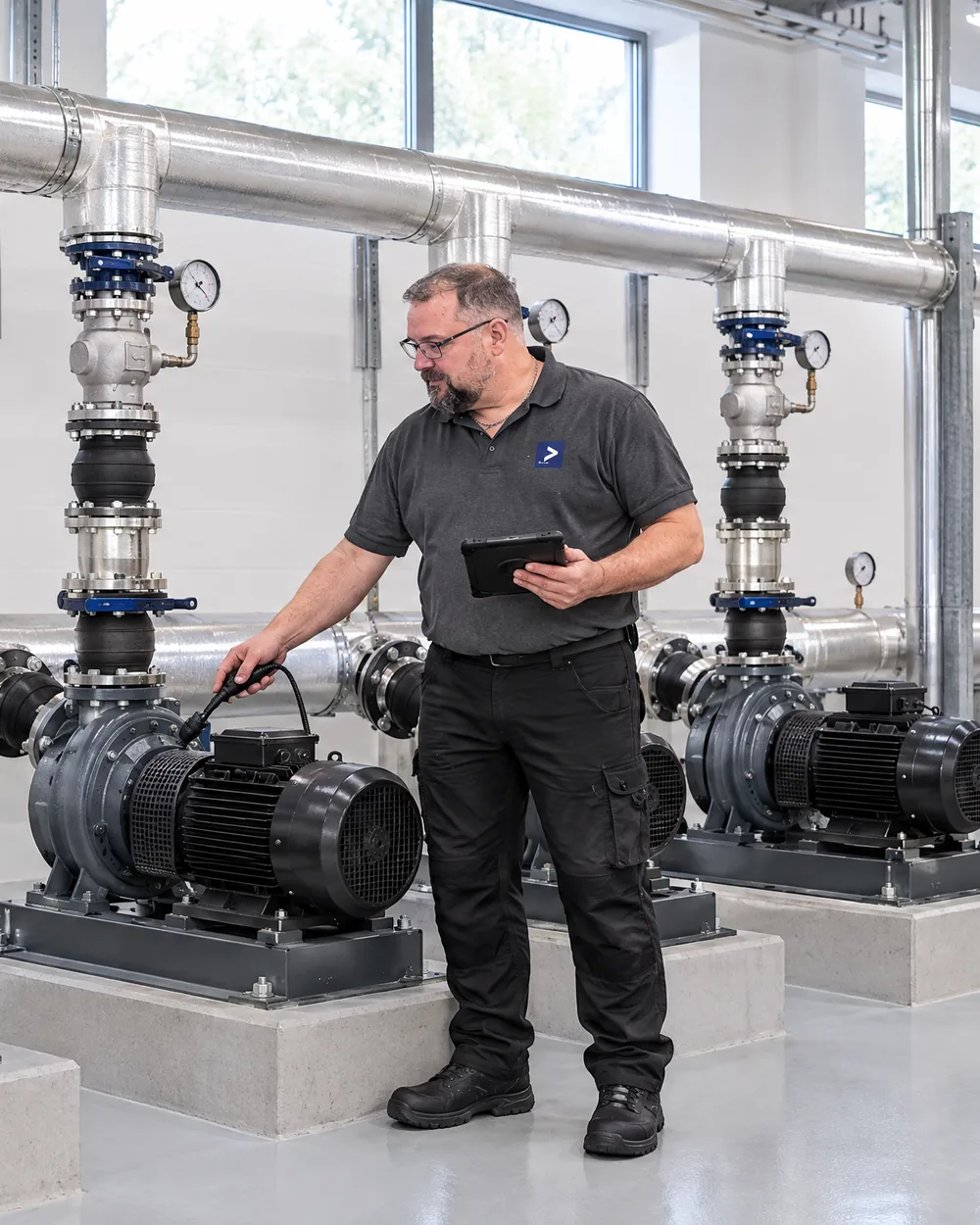 LEGER-Servicetechniker misst die Schwingung an einer laufenden Normpumpe in der Technikzentrale