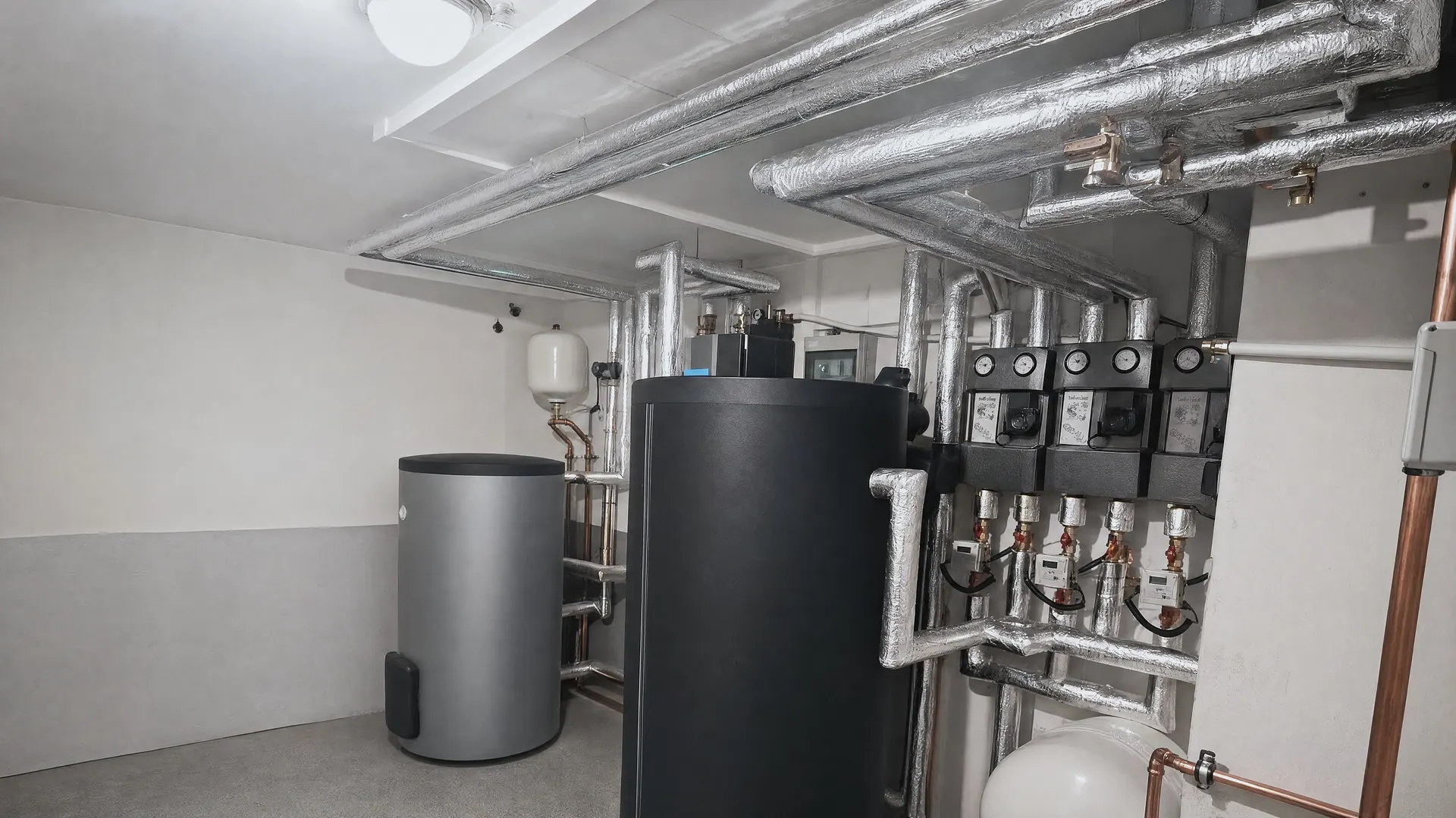 Technikzentrale mit Pufferspeicher, Pumpengruppen und gedämmter Verrohrung