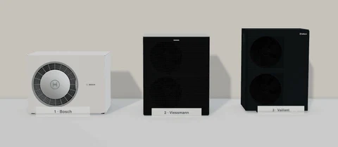 10-kW-Außengeräte von Bosch, Viessmann und Vaillant maßstäblich nebeneinander vor einer durchgehenden, unbeschrifteten Wand, ohne Person