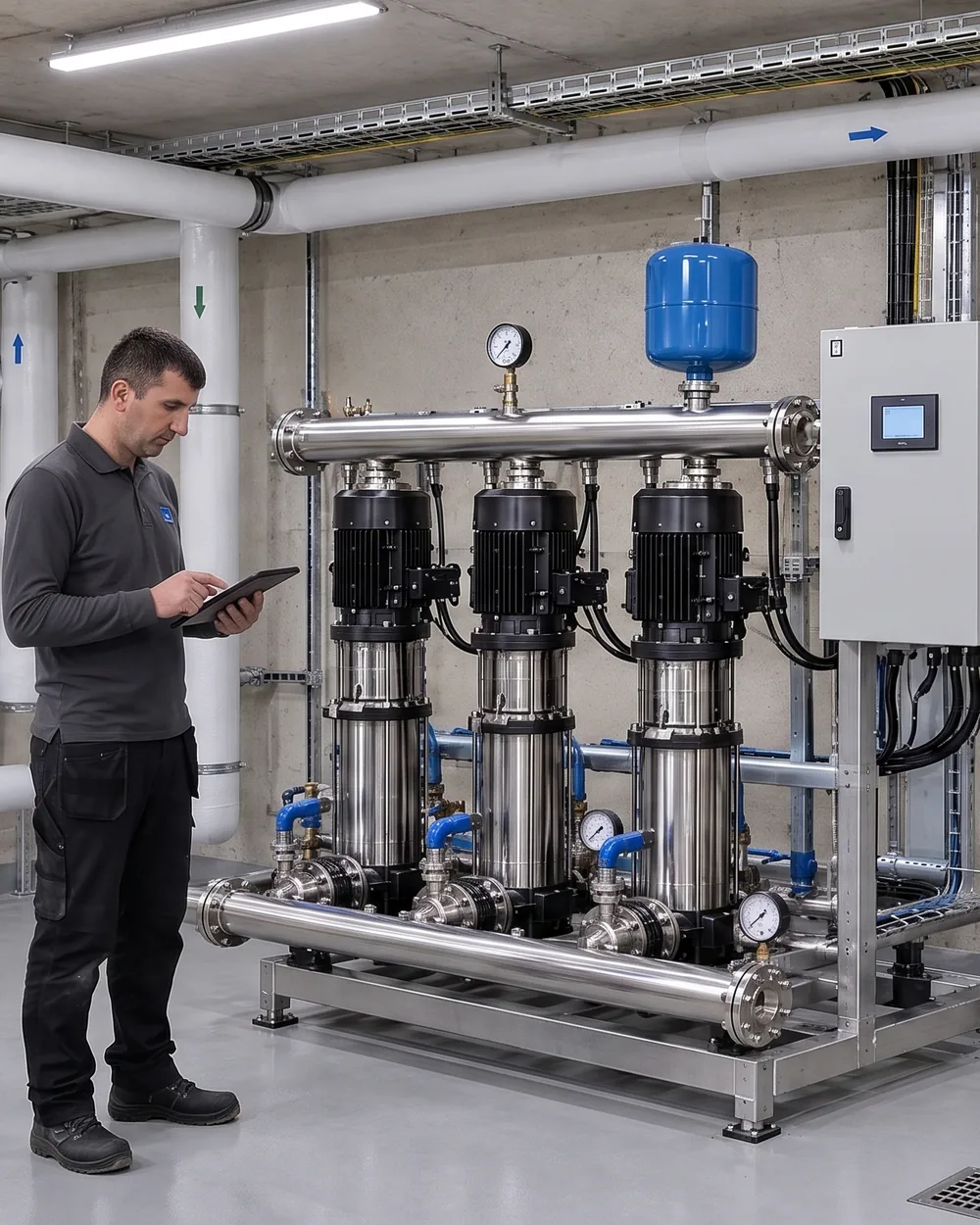 Druckerhöhungsanlage und Enthärtungsanlage im Keller, ein LEGER-Techniker mit Tablet