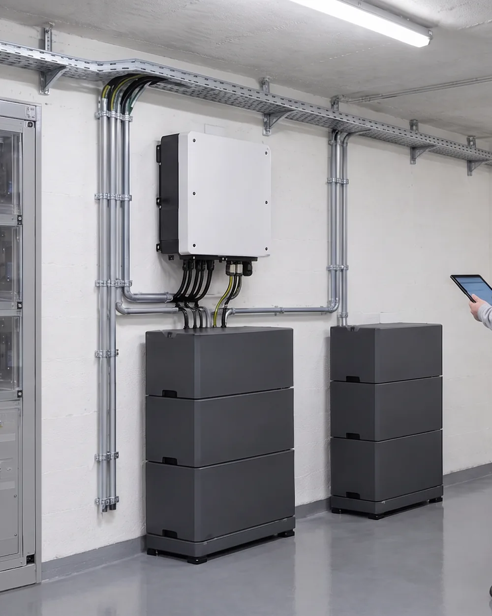 Mieterstrom-Verteilung und Batteriespeicher im Technikraum, ein LEGER-Techniker prüft die Anlage am Tablet