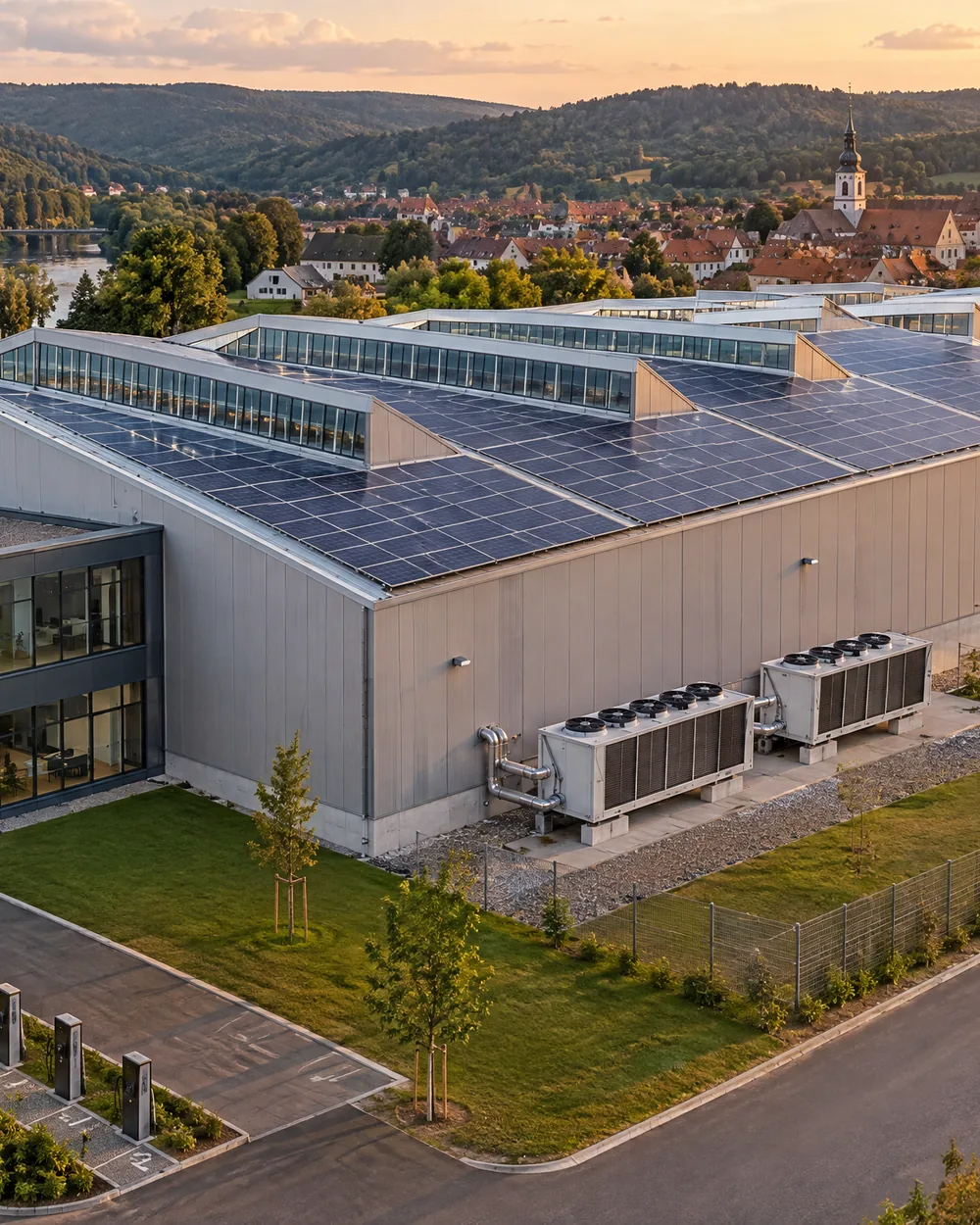 Produktionswerk mit Sheddach und Photovoltaik aus der Luft