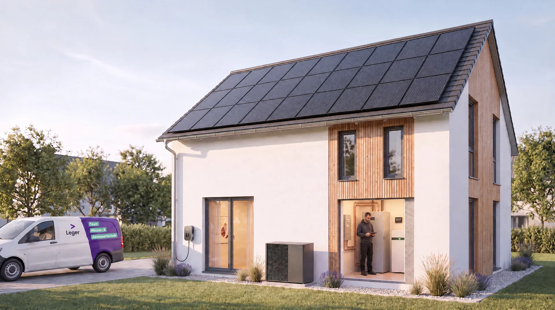 Einfamilienhaus mit Photovoltaik, Batteriespeicher im Technikraum, Wallbox und Wärmepumpe